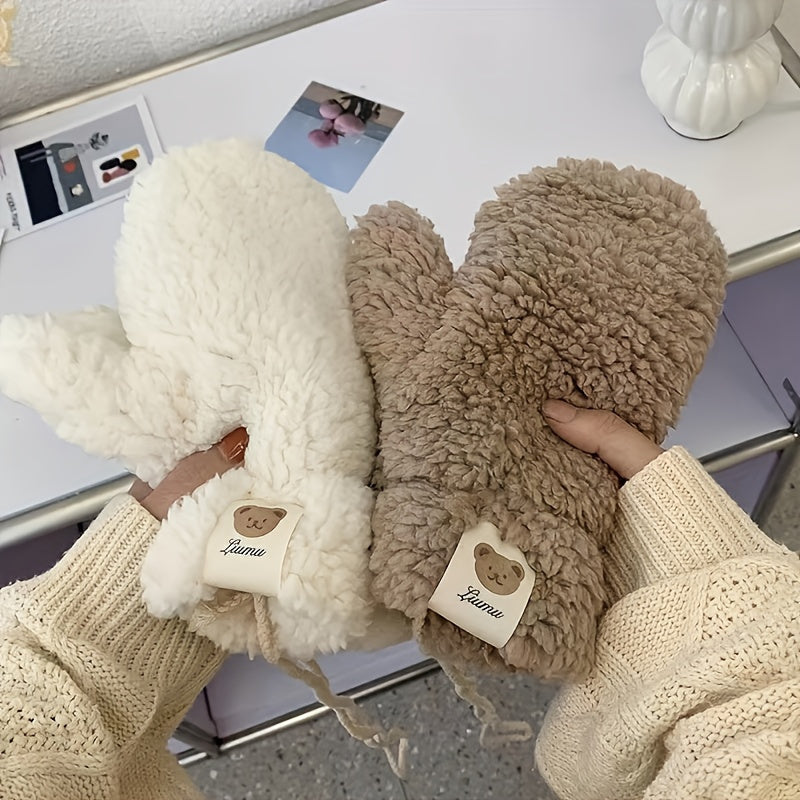 Winter Knitted Bear Mittens - Cozy Fleece Lined Warm Gloves, Decorative Cute Animal Pattern, Elastic Wrist Cuff, Ideal for Cold Weather Outdoor Activities, Easy Care Hand Washable - Available in Multiple Colors